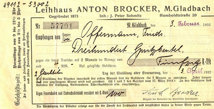 Historischer Pfandschein von 1932